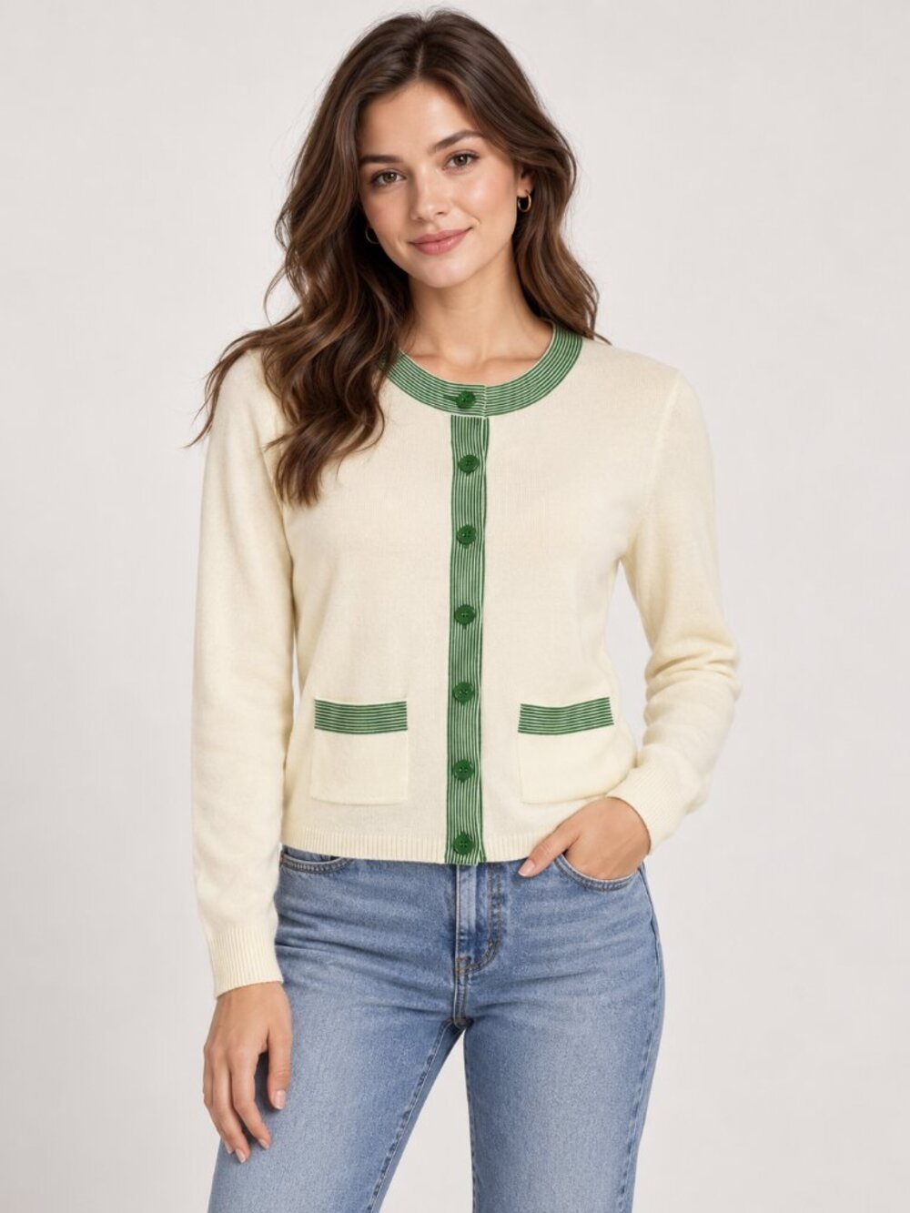 Vintage All Points by Reference Point Women’s L Cream Green Striped Cardigan Swe